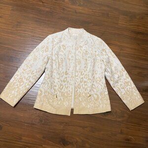 Chicos Ombre Jacquard Animal Print Jacket Open Front Gold Trim Size 1 Women 8-10